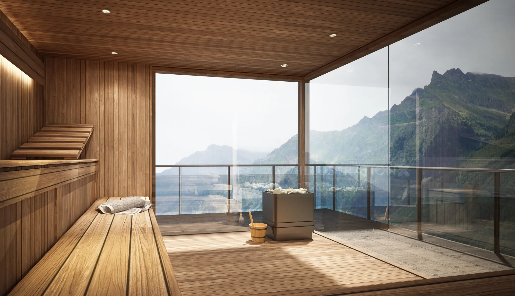 Wooden sauna interior with panoramic mountain view through glass wall