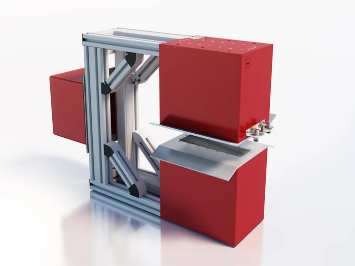 3D rendering of an industrial machine with red blocks and metal frame