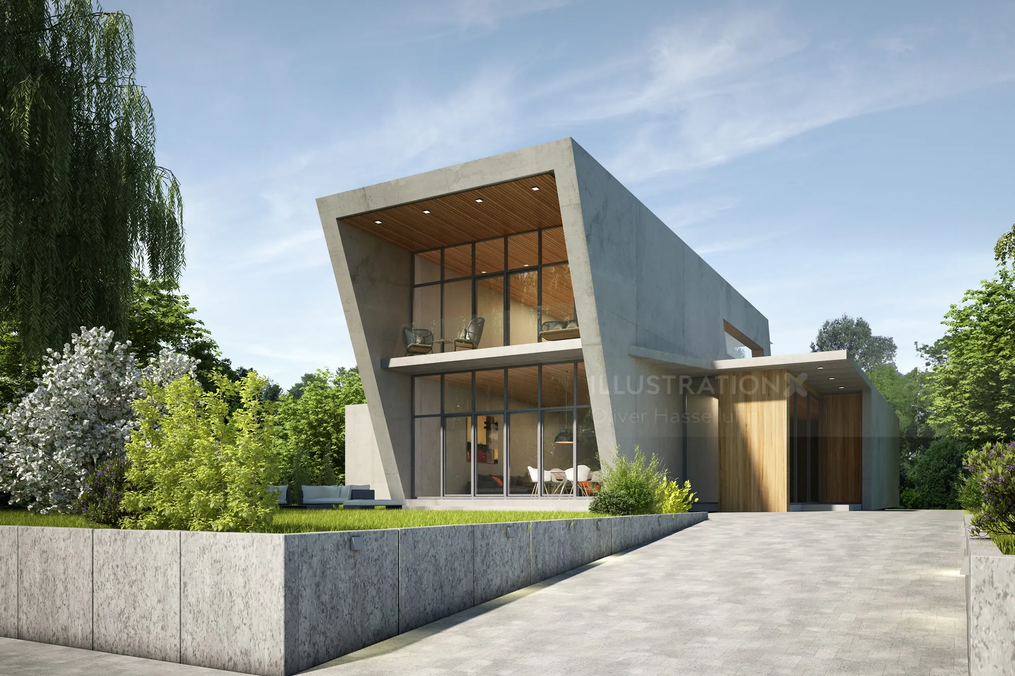 Contemporary concrete house with glass facade and garden