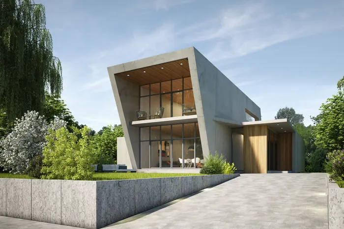 Contemporary concrete house with glass facade and garden