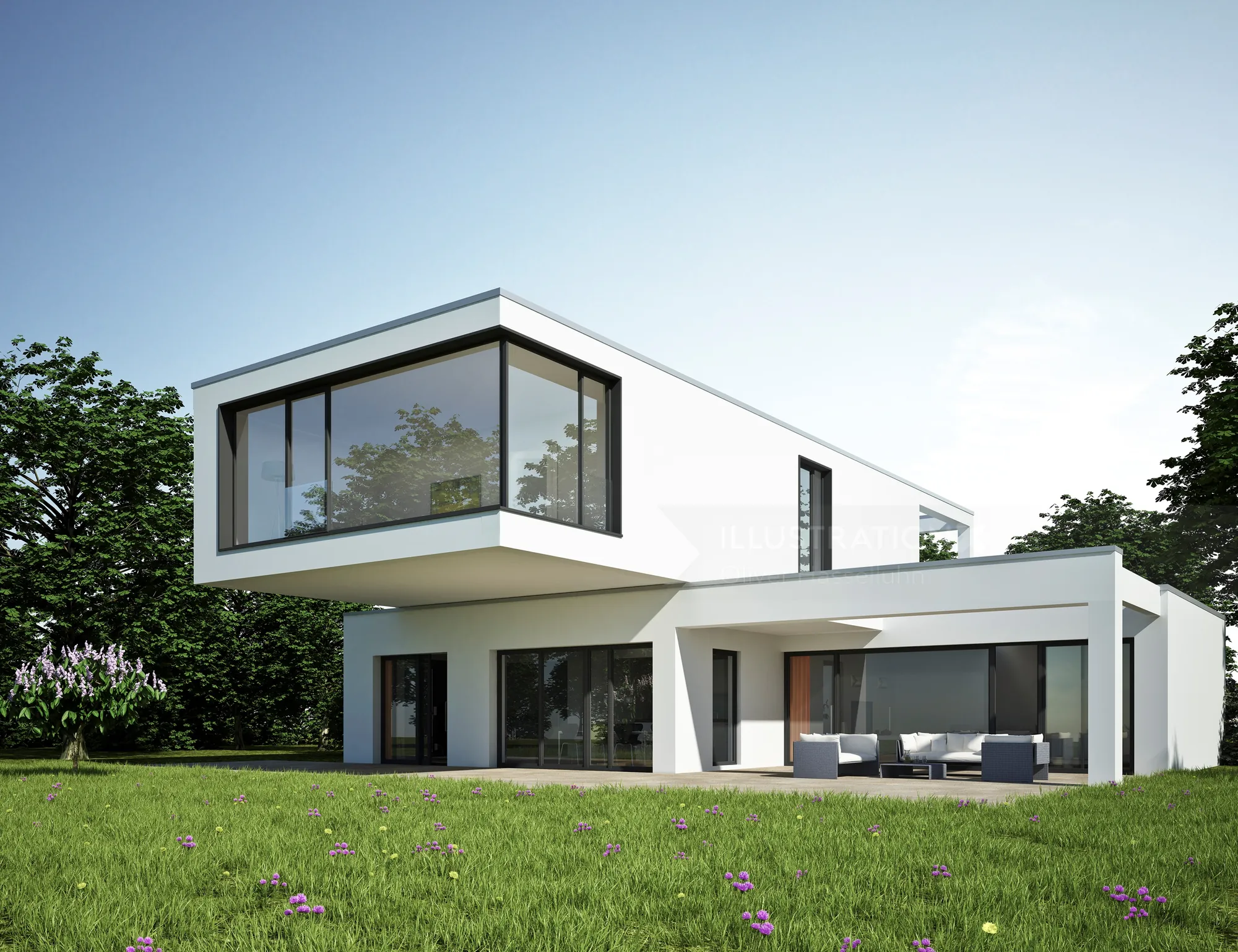 Modern white two-story house with large glass windows and outdoor seating
