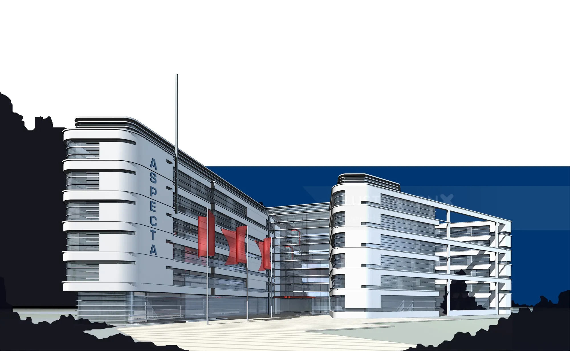 White modern building with curved glass windows against blue sky
