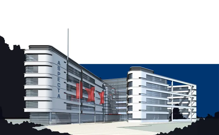 White modern building with curved glass windows against blue sky
