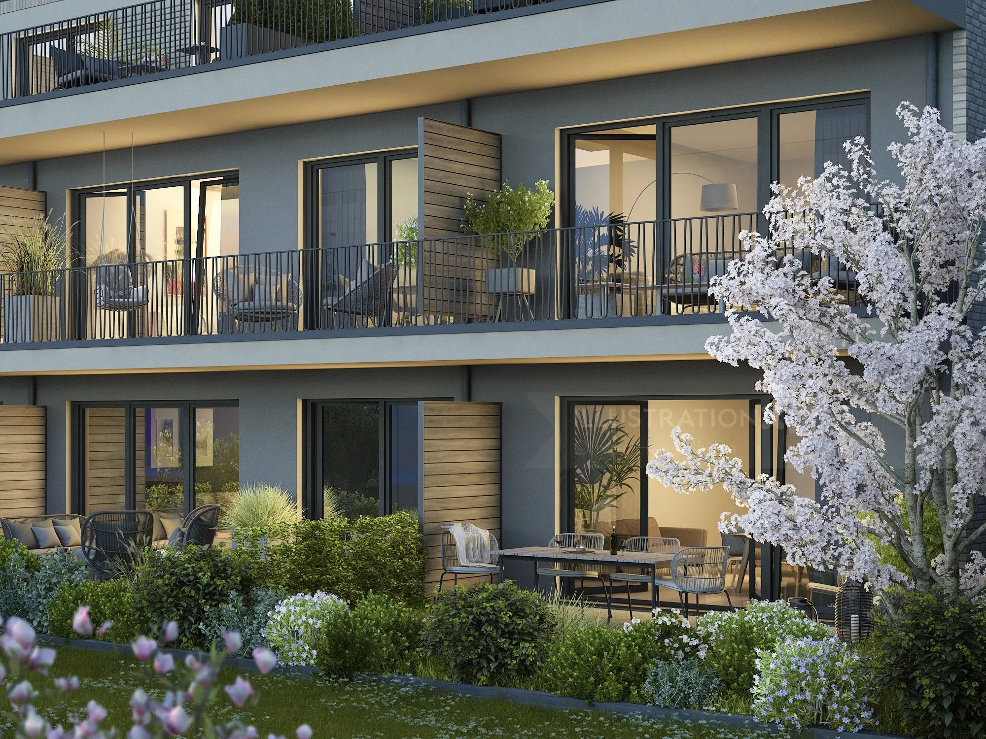 Modern apartment building with balconies and flowering garden