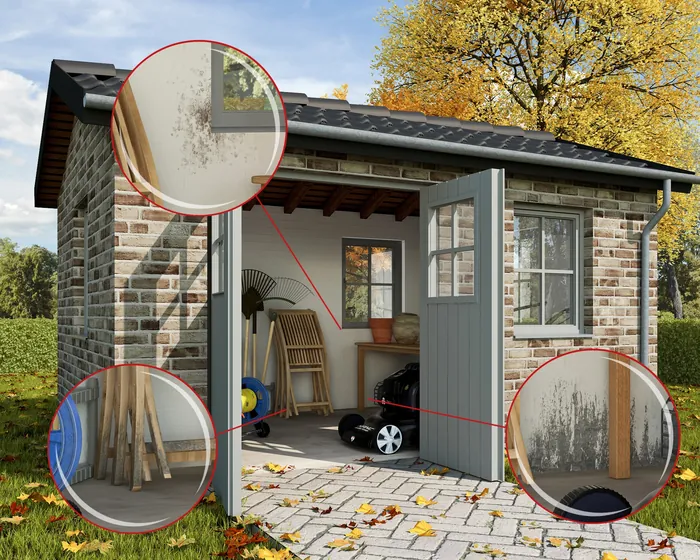 Garden shed with open door, damp walls, and gardening tools inside