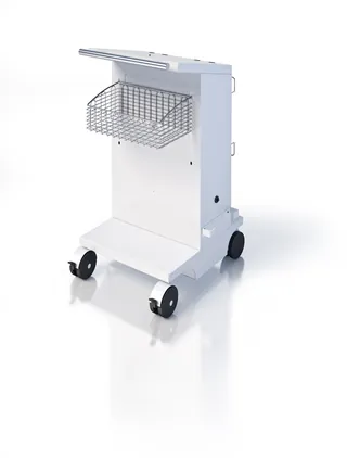 White mobile medical cart with basket and four wheels
