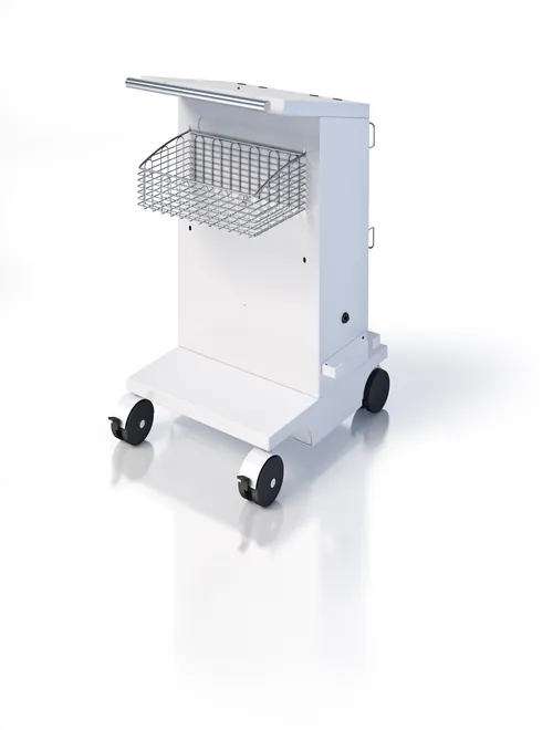 White mobile medical cart with basket and four wheels