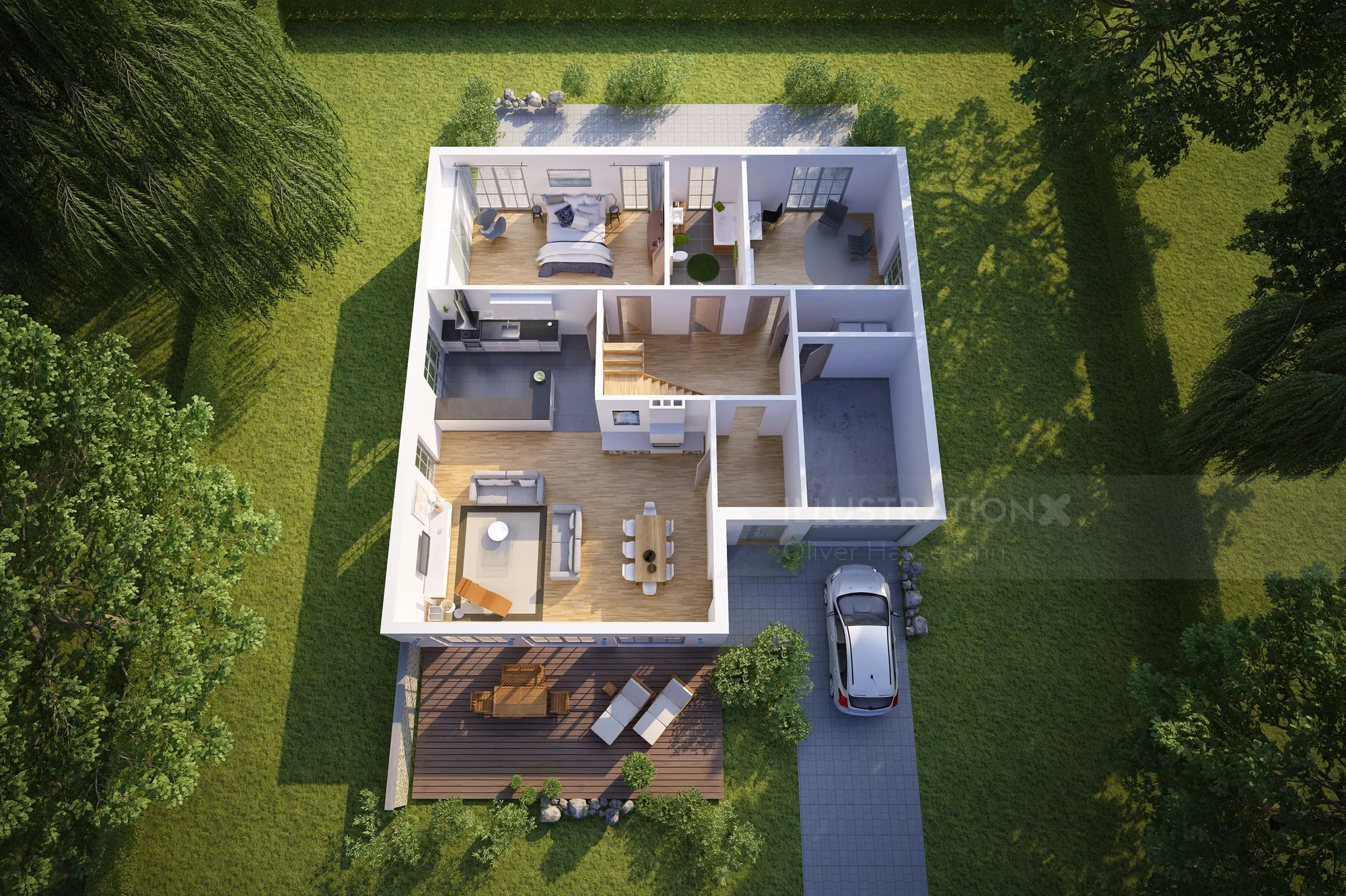 3D top-down view of furnished modern single-story house floor plan