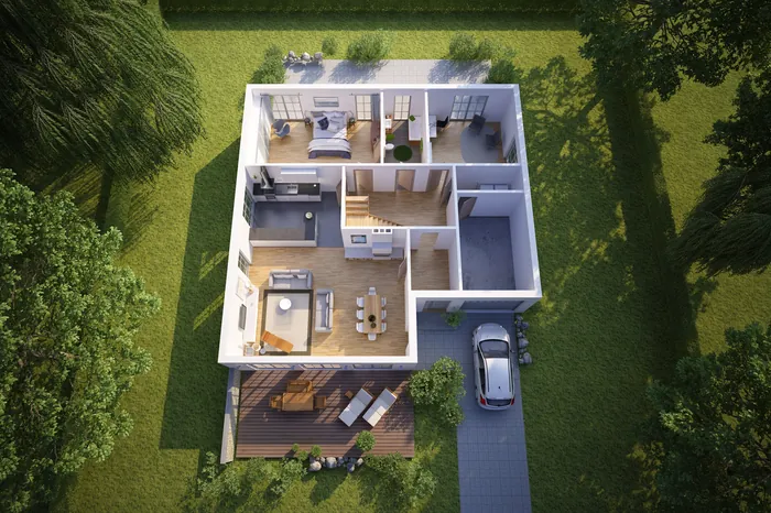 3D top-down view of furnished modern single-story house floor plan