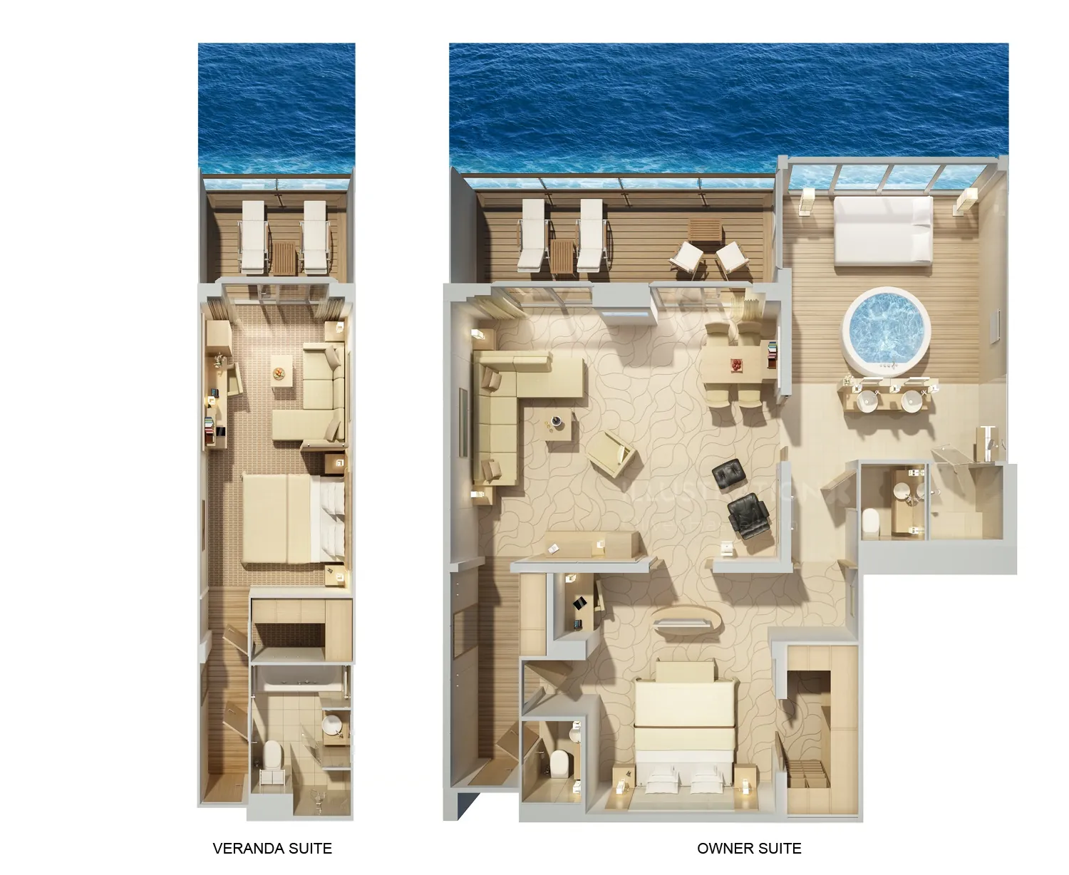Floor plans showing veranda suite and owner suite with balconies overlooking ocean
