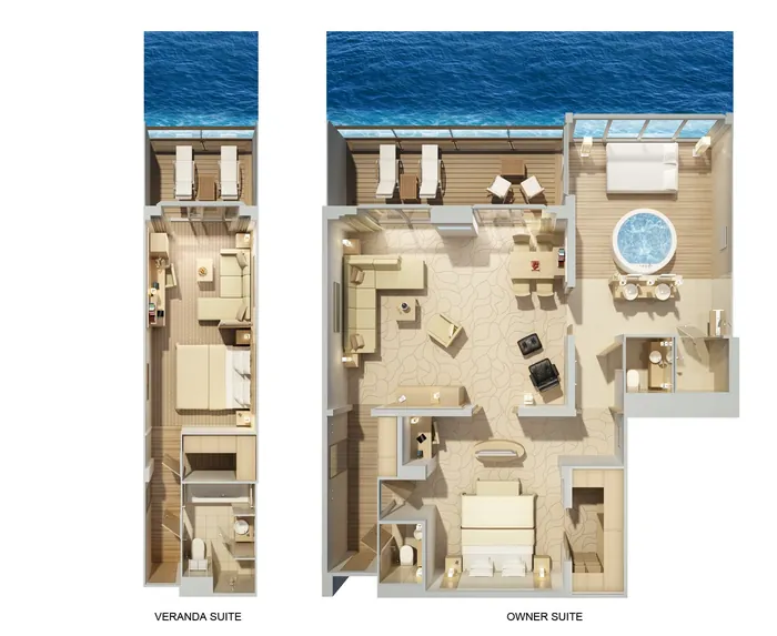 Floor plans showing veranda suite and owner suite with balconies overlooking ocean