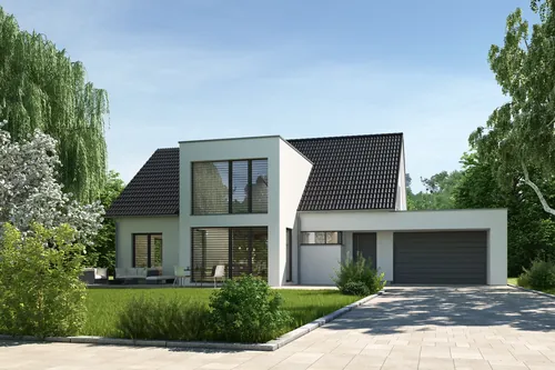 Modern white house with large windows and attached two-car garage