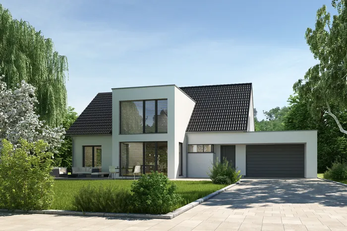Modern white house with large windows and attached two-car garage