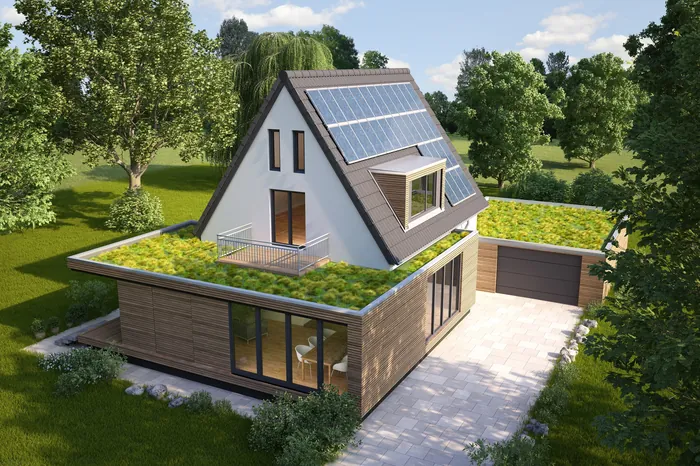 Eco-friendly house with solar panels and green rooftop garden