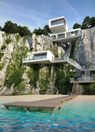 Modern cliffside house with dock above turquoise water