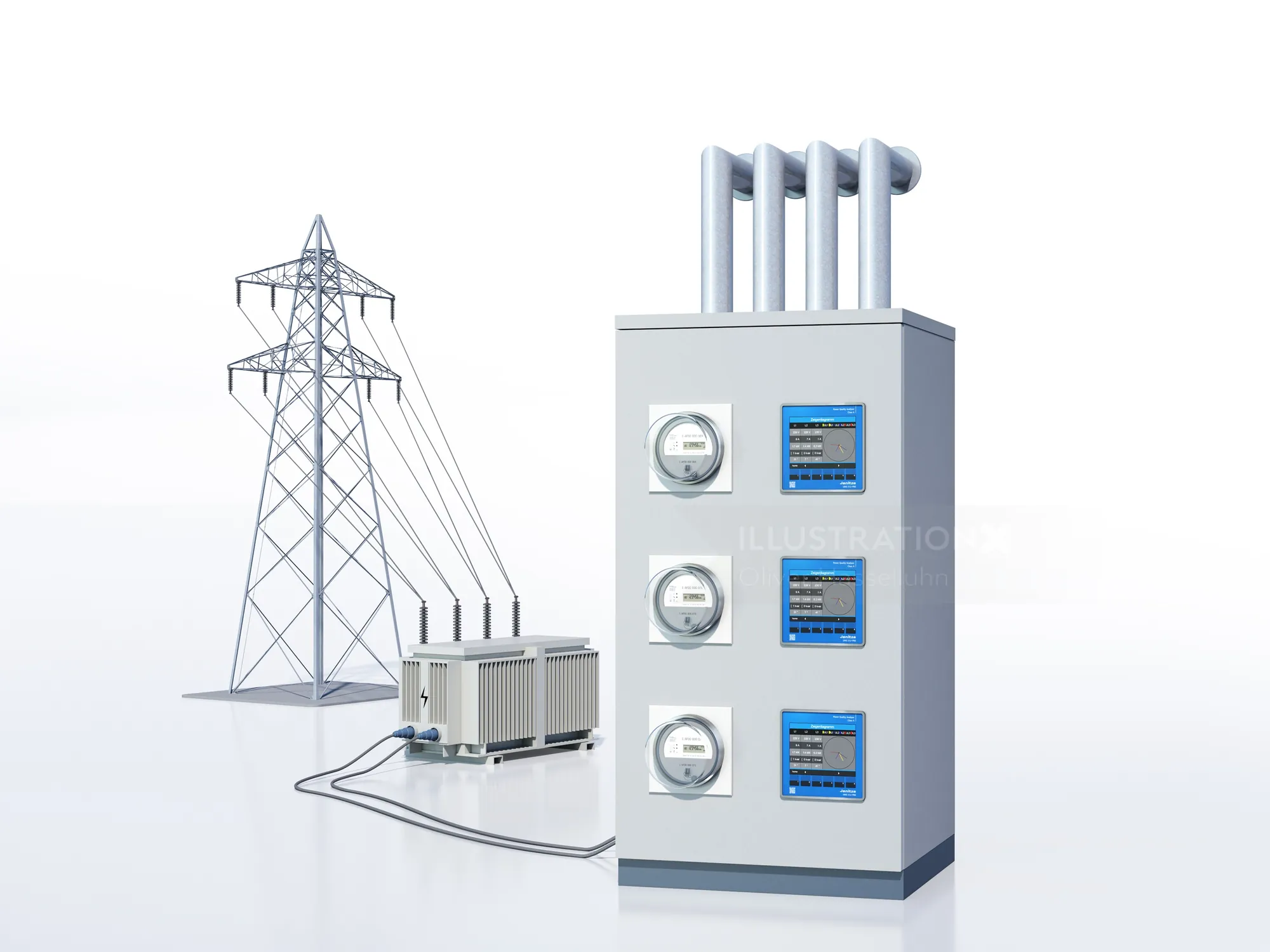 Electric power meters and transmission tower with cables