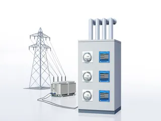 Electric power meters and transmission tower with cables