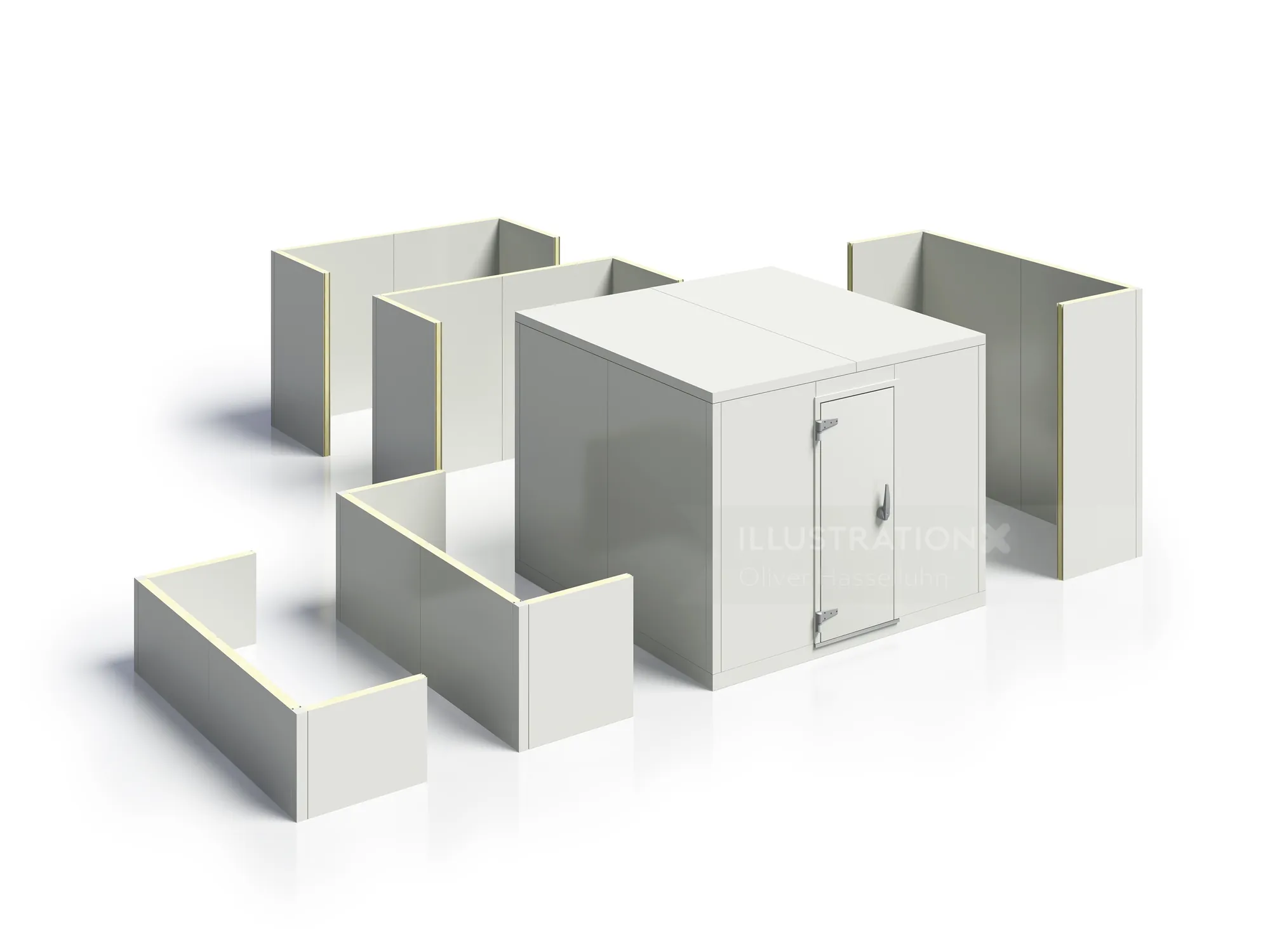 3D model of modular storage unit with surrounding walls and central door