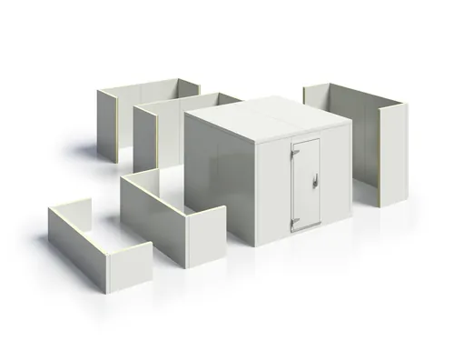 3D model of modular storage unit with surrounding walls and central door