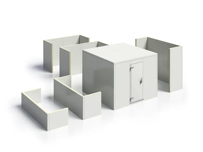 3D model of modular storage unit with surrounding walls and central door