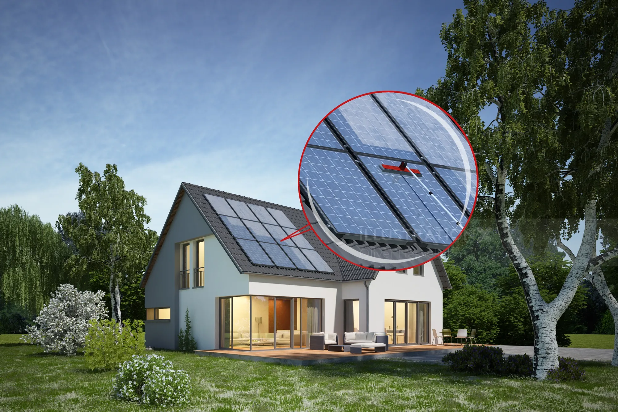 House with solar panels installed on roof in a green yard