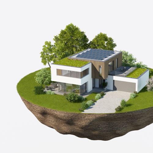 Eco-friendly modern house with solar panels and green roof on floating island