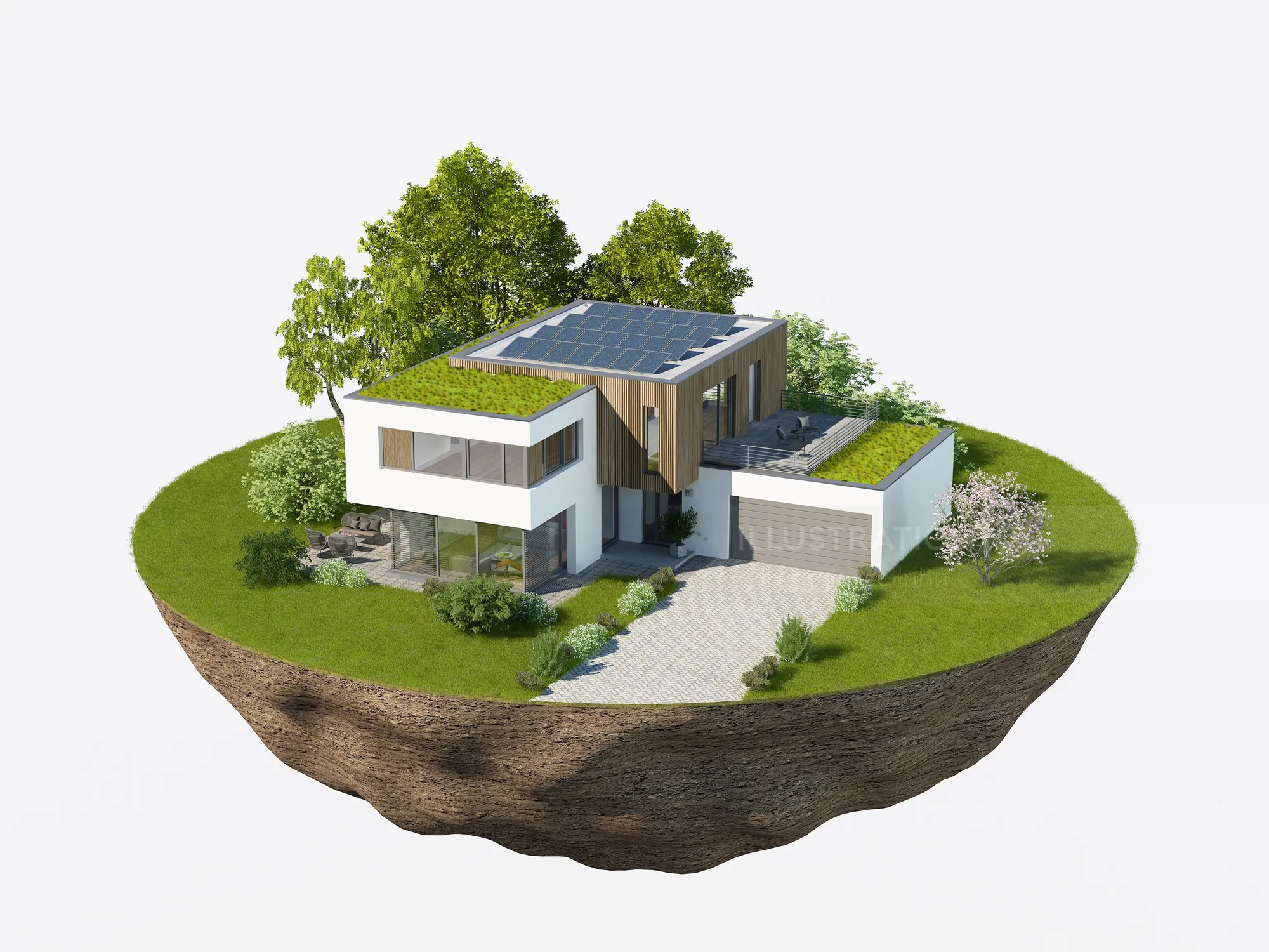 Eco-friendly modern house with solar panels and green roof on floating island