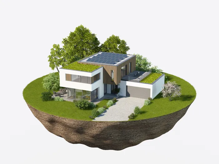 Eco-friendly modern house with solar panels and green roof on floating island