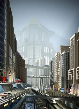 Futuristic cityscape with towering buildings and rail tracks by Oliver Hasselluhn