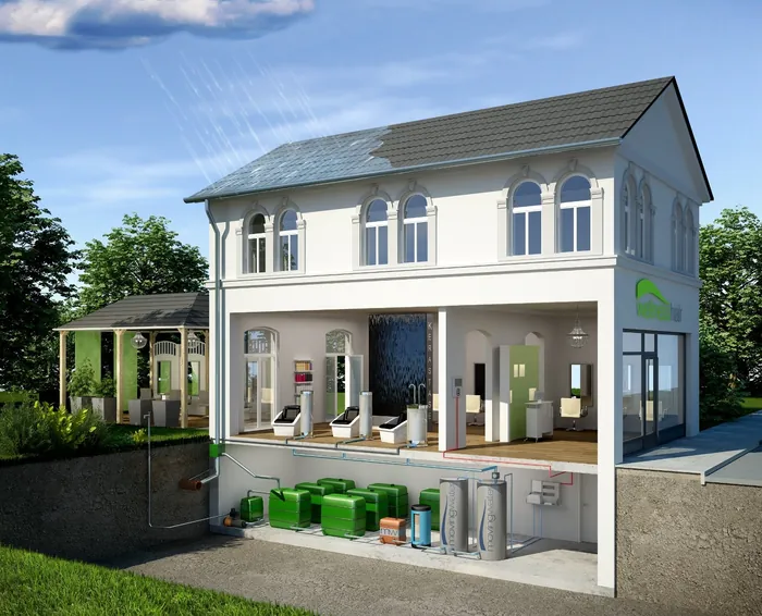 Cutaway view of house with energy systems in basement by Oliver Hasselluhn