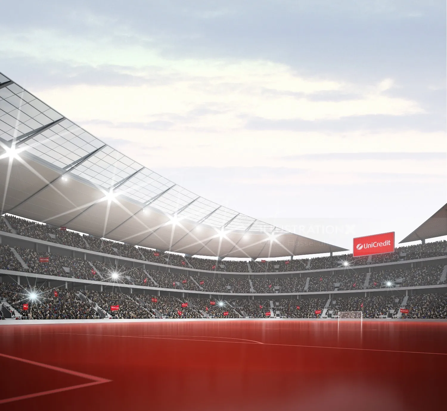Empty soccer stadium with floodlights and seats by Oliver Hasselluhn