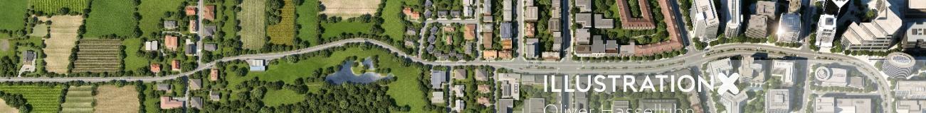 Vista superior 3D / CGI de casas e ruas