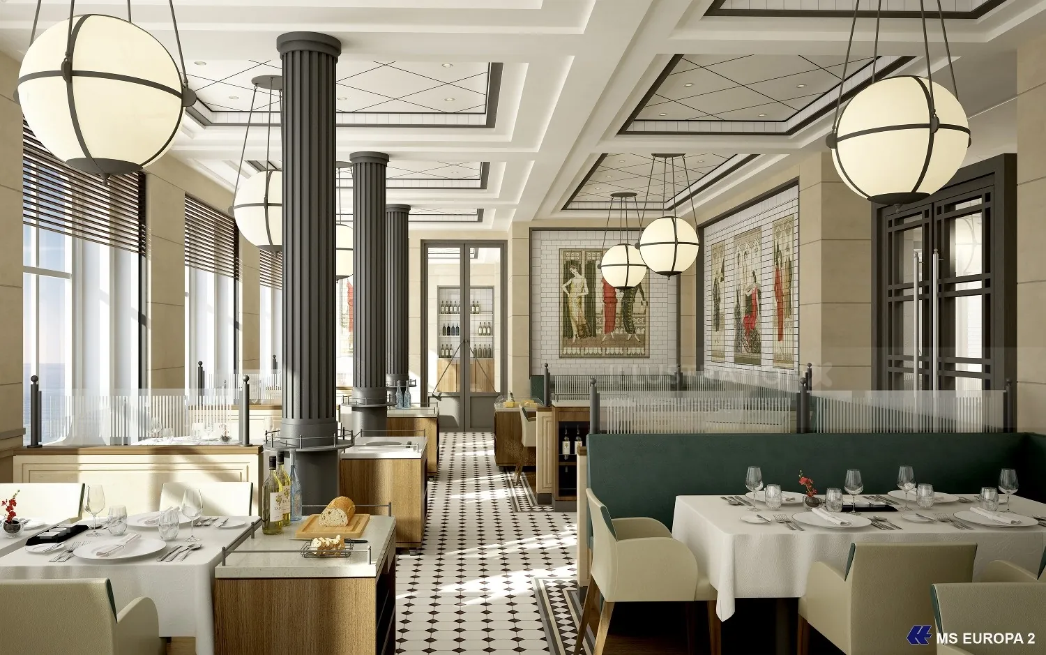 Elegant modern restaurant interior with columns and hanging lights by Oliver Hasselluhn