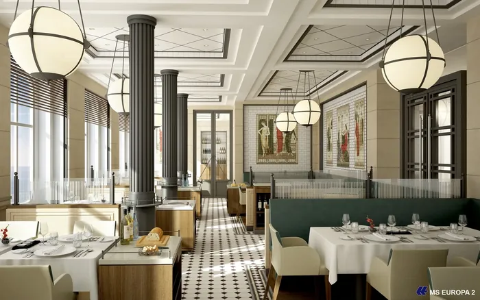 Elegant modern restaurant interior with columns and hanging lights by Oliver Hasselluhn