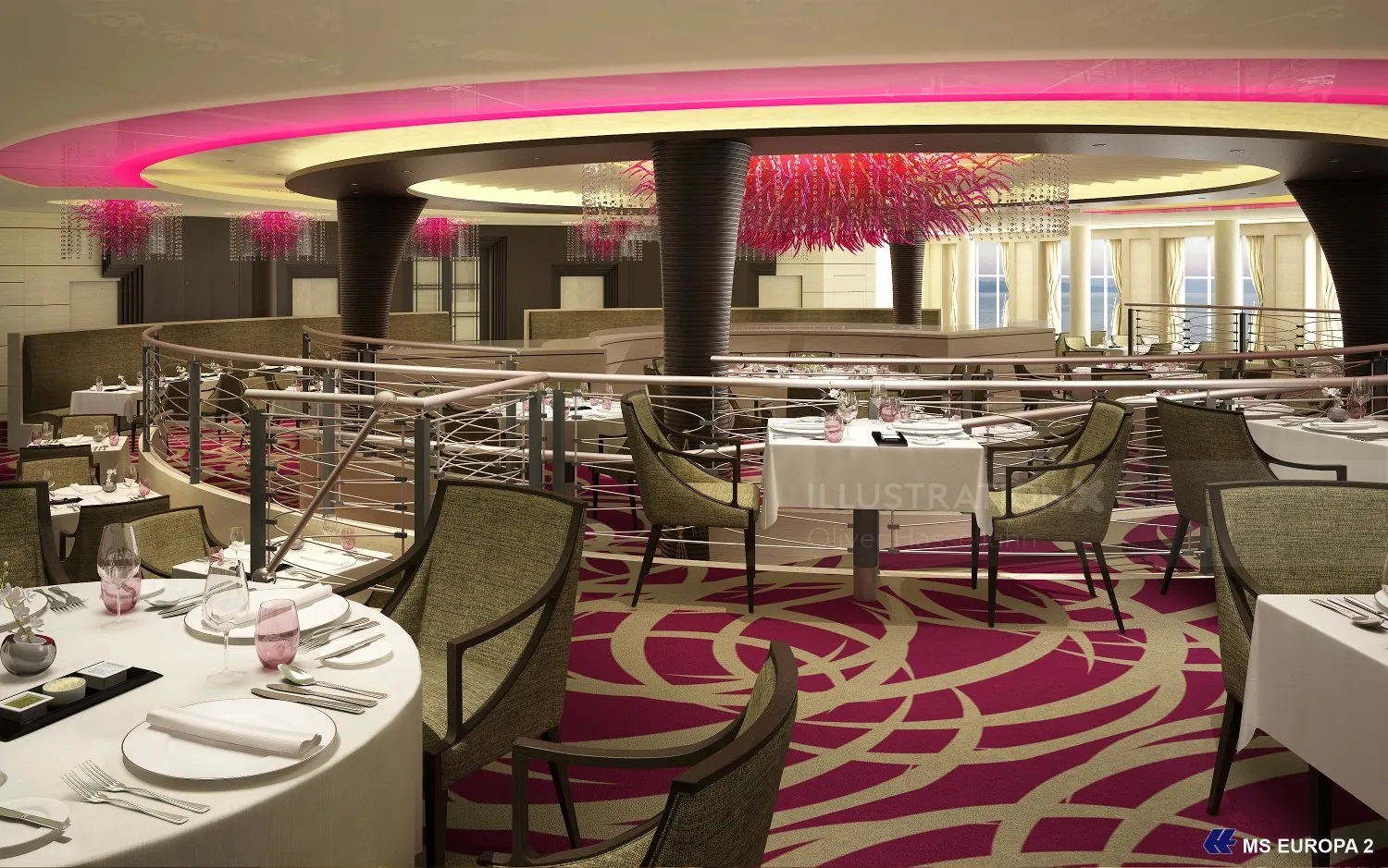 Upscale circular restaurant interior with pink lighting and elegant table settings by Oliver Hassell
