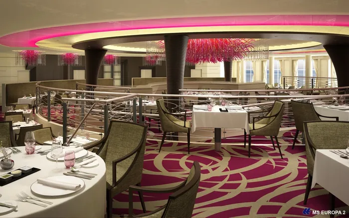 Upscale circular restaurant interior with pink lighting and elegant table settings by Oliver Hassell