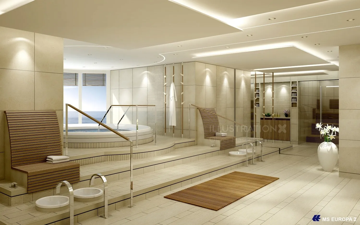 Modern spa interior with hot tub and lounge chairs by Oliver Hasselluhn