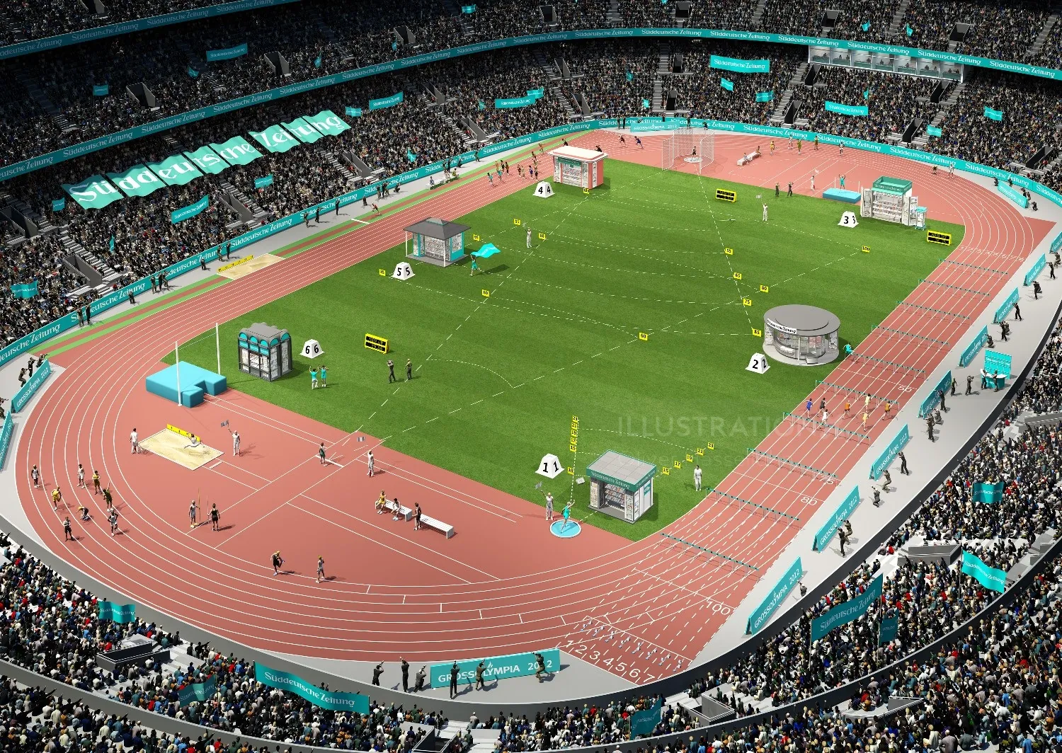 Illustrated stadium with running track, field events, and spectators by Oliver Hasselluhn
