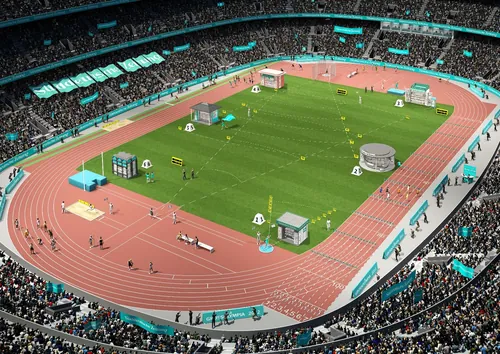 Illustrated stadium with running track, field events, and spectators by Oliver Hasselluhn
