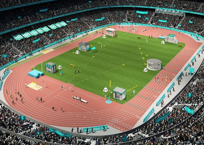 Illustrated stadium with running track, field events, and spectators by Oliver Hasselluhn