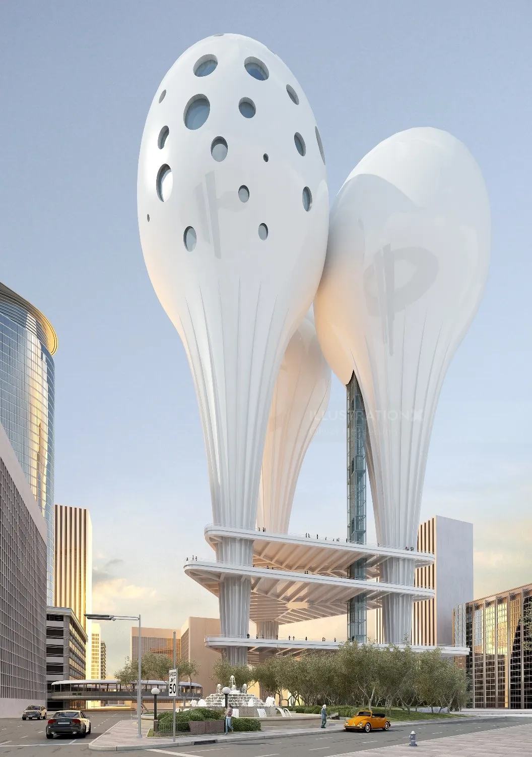 Futuristic white twin towers with organic shapes in cityscape by Oliver Hasselluhn