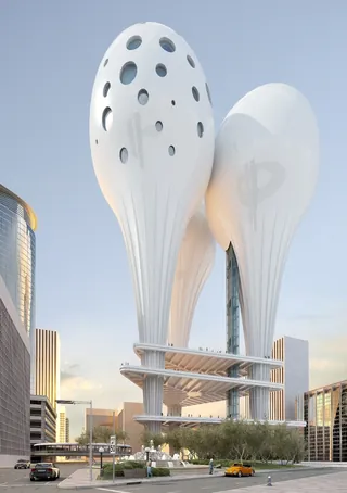 Futuristic white twin towers with organic shapes in cityscape by Oliver Hasselluhn