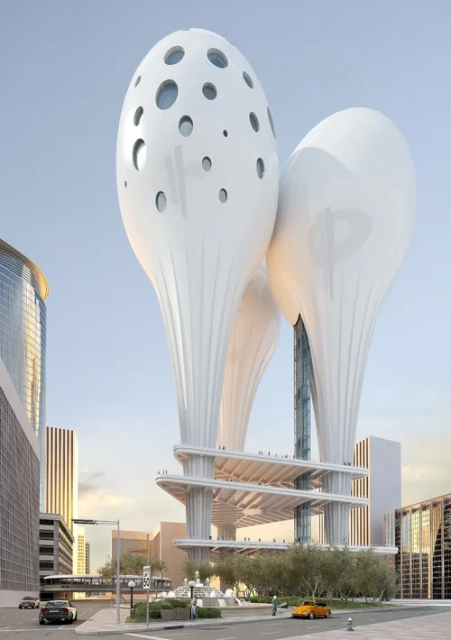 Futuristic white twin towers with organic shapes in cityscape by Oliver Hasselluhn