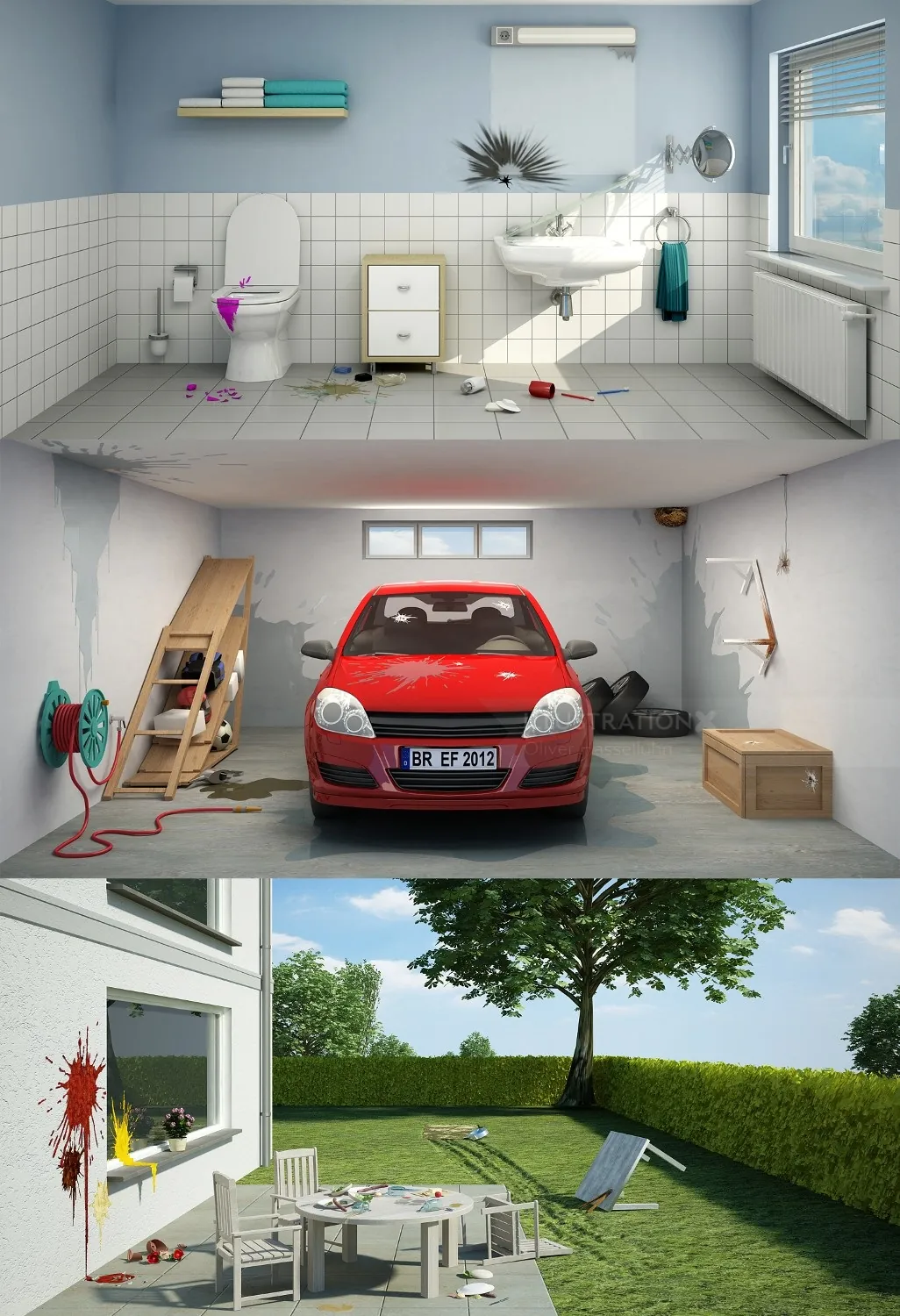 Surreal bathroom, garage, and garden scene by Oliver Hasselluhn