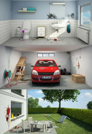 Surreal bathroom, garage, and garden scene by Oliver Hasselluhn