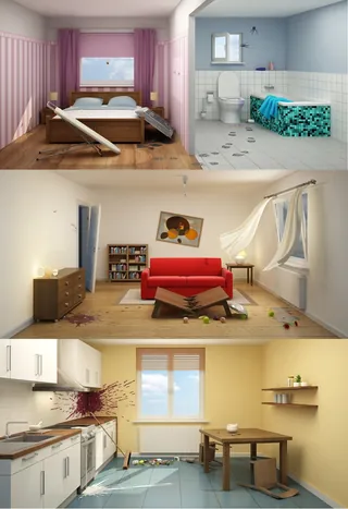 Four surreal room interiors with unusual objects and layouts by Oliver Hasselluhn
