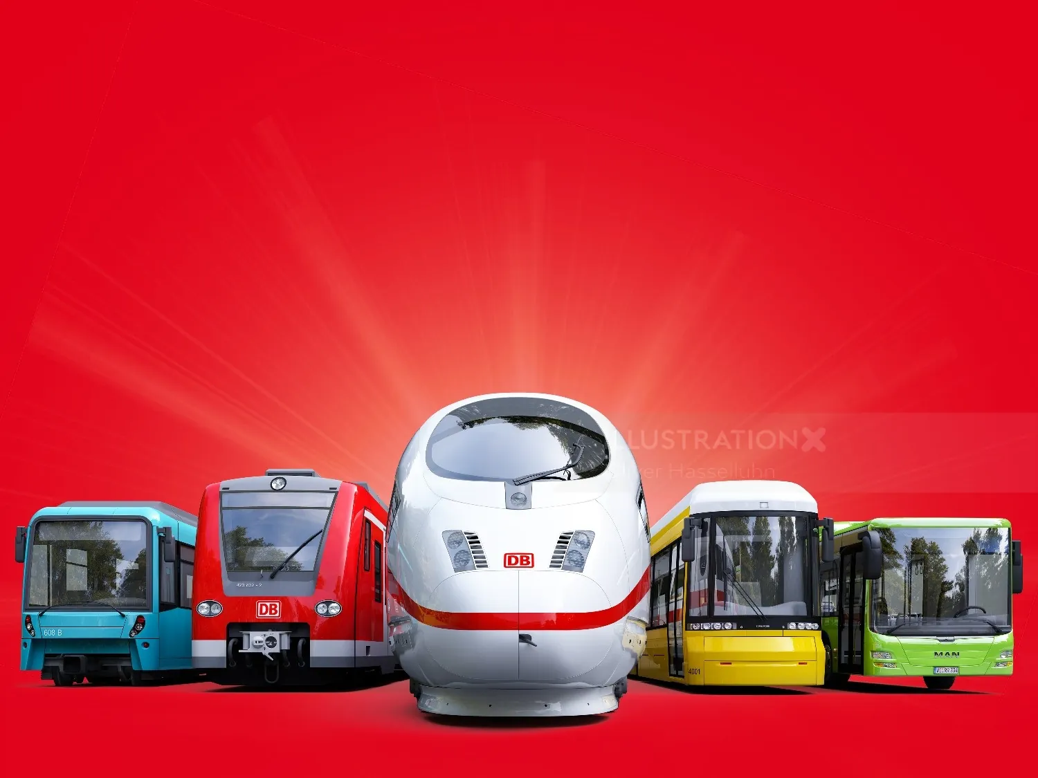 Five modern passenger trains and buses lined up with red background by Oliver Hasselluhn