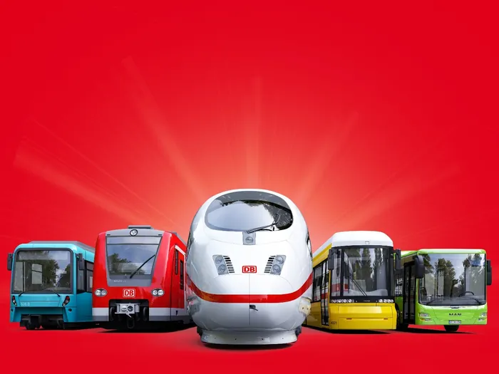 Five modern passenger trains and buses lined up with red background by Oliver Hasselluhn