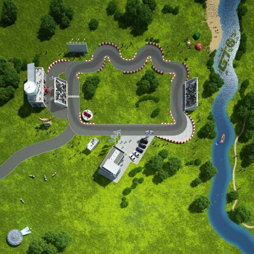 Aerial view of go-kart track and river by Oliver Hasselluhn