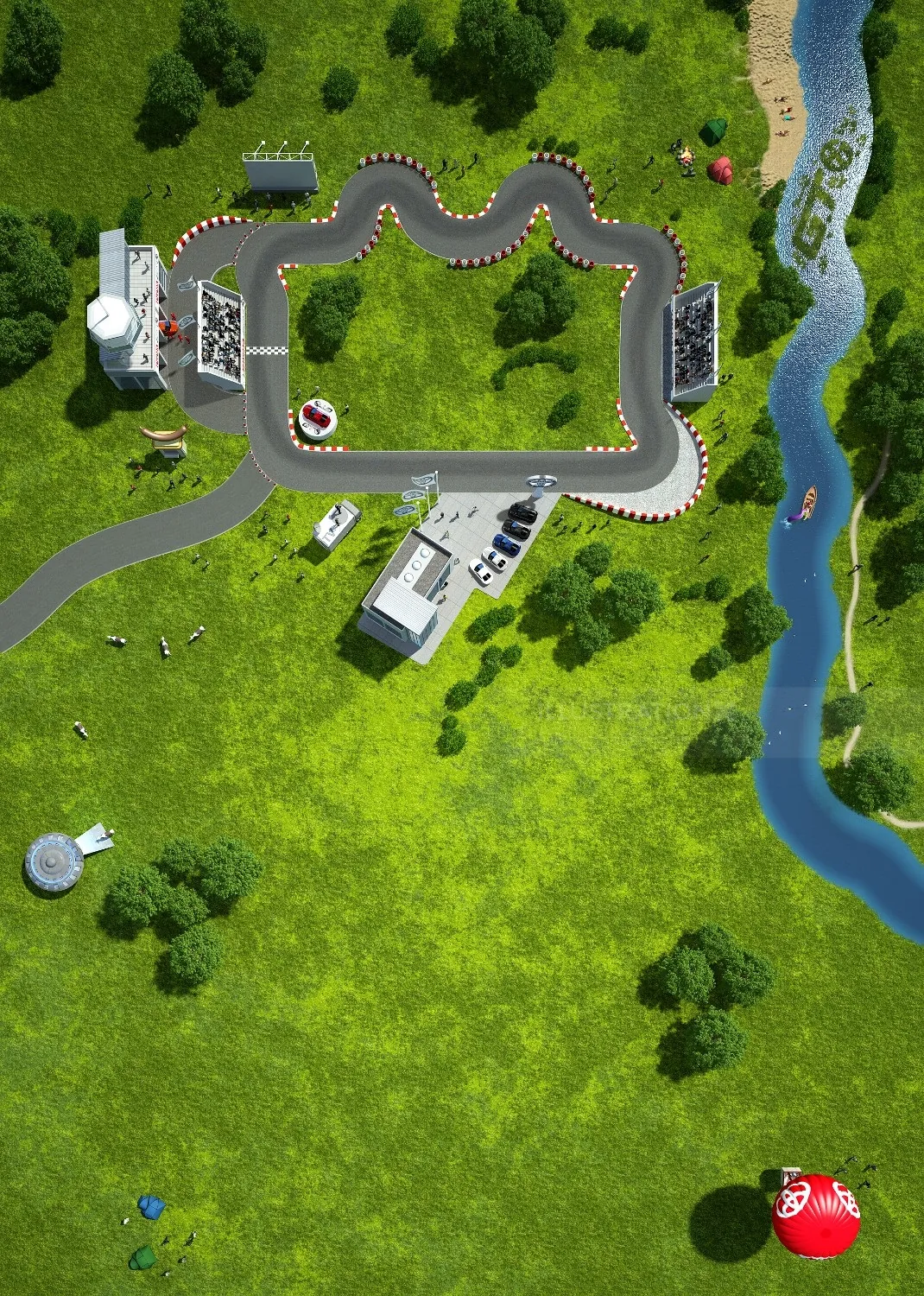 Aerial view of go-kart track and river by Oliver Hasselluhn